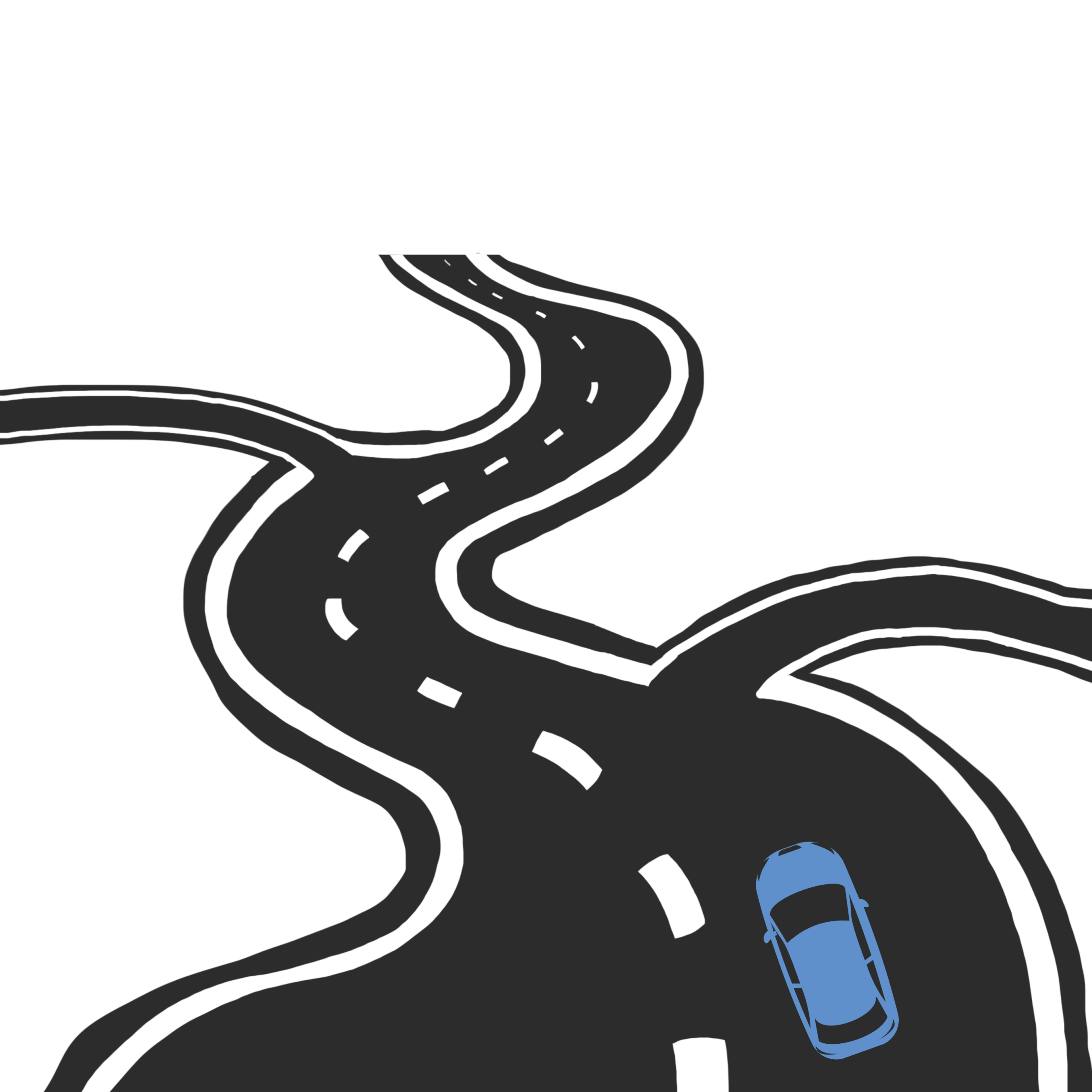 Illustration of a blue car following a winding road