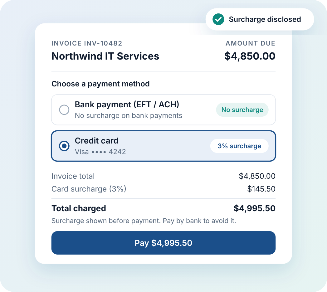 Benji Pays invoice payment screen where the customer chooses between a bank payment with no surcharge and a credit card payment with a disclosed 3% surcharge.